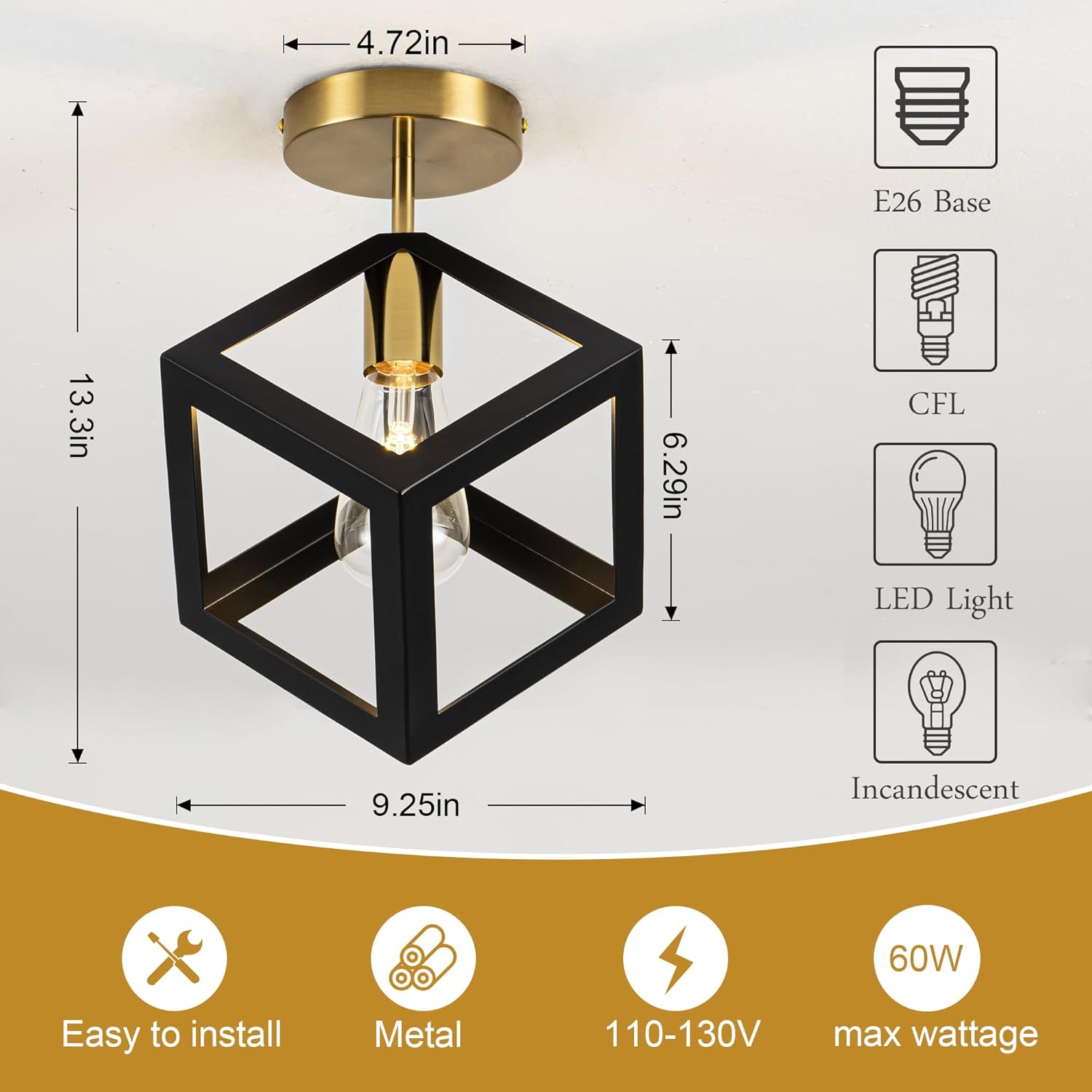 Modern Flush Mount Ceiling Light Fixture, Metal Frame Light Fixture,Black and Gold Finish, 9x9x13inches,for Entryway Porch Hallway Stairway Garage Living Room Dining Room Balcony