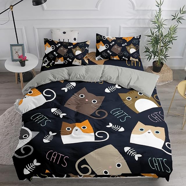 Treer Cat Duvet Cover Set Single Size for Kids Boys, 3 PCS Black & Grey Cute Cartoon Animal Printed Bedding Set Soft Microfiber Easy Care Quilt Cover with 2 Pillow cases -135 x 210 cm