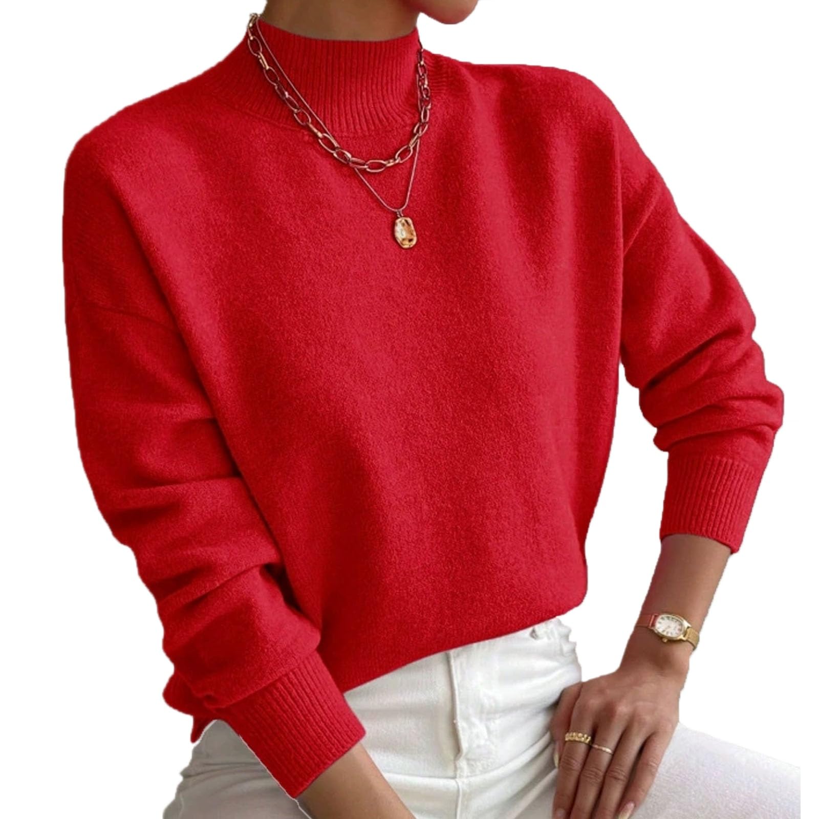 Soft Sweaters for Women Half Turtleneck Pullover Long Sleeve Sweater Solid Color Drop Shoulder Loose Knitted Top