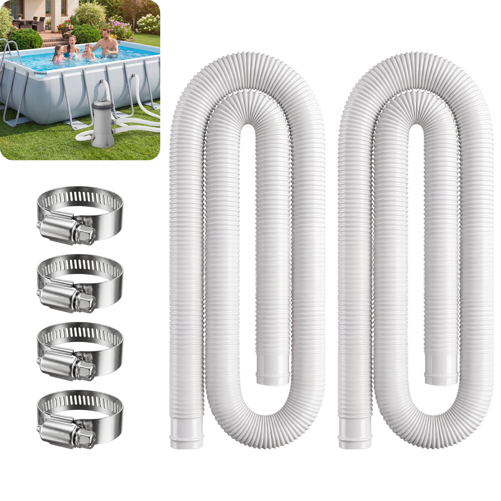 Tuyau Piscine 32mm/1,25, Tuyau de Rechange pour Piscine 150cm de Long avec 4 Pince Métallique, Accessoires de Pompe de Piscine pour Piscines Hors Terre Filtre Intex, Bestway (Paquet de 2)