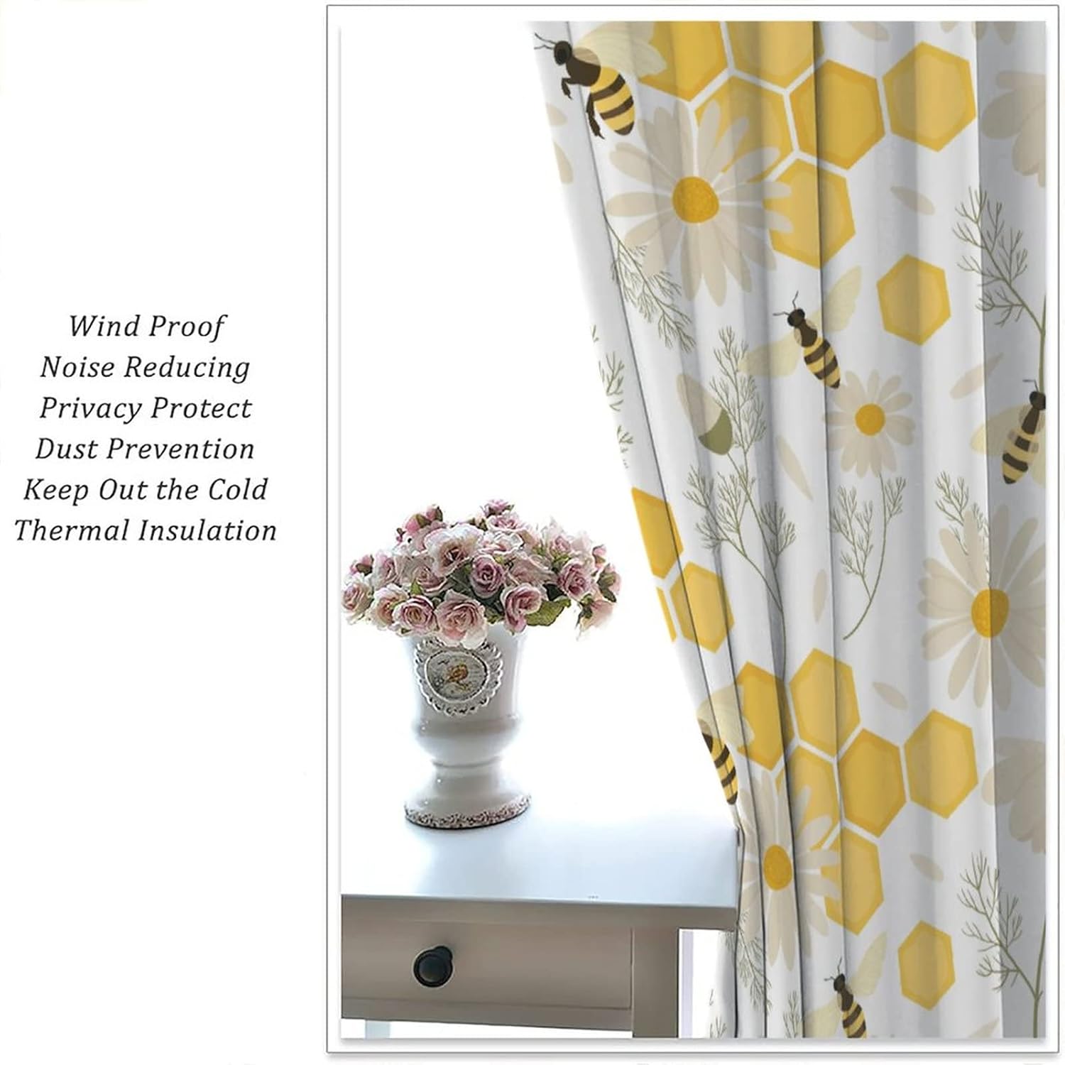 Bee Animal Blackout Curtain Daisy Floral with Bees in Spring Blooming Thermal Insulated Darkening Drapes Rod Pocket Cafe Dining Room Bedroom Living Room Kitchen 2 Panels 42x45 in