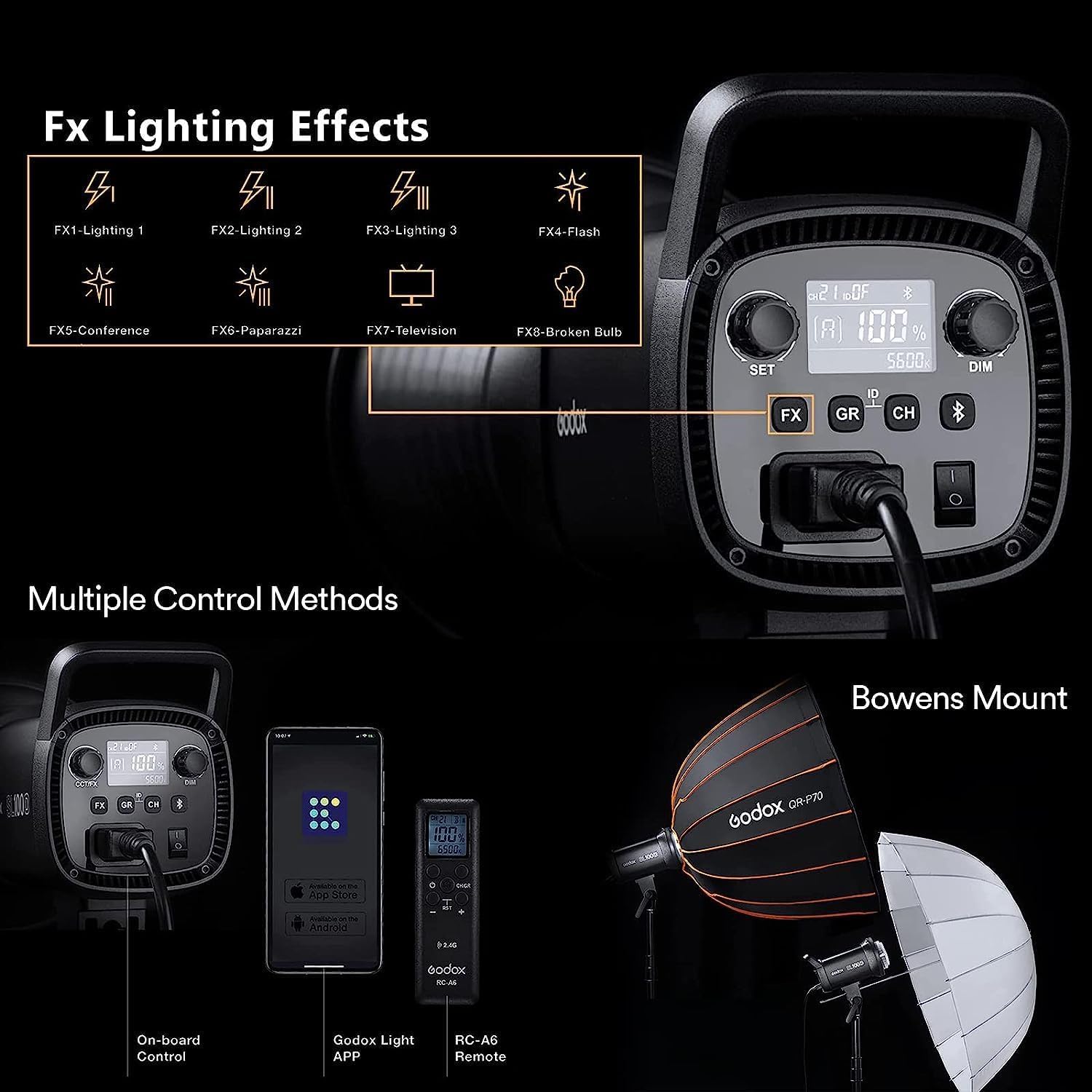 Godox SL60IID LED lampa wideo 70 W, 18600 luksów, 1 m, 5600 K, COB LED, aplikacja Bluetooth i bezprzewodowy pilot zdalnego sterowania 2,4 G, wbudowane 8 efektów FX, TLCI/CRI 97+/96+Bowens Mount Studio