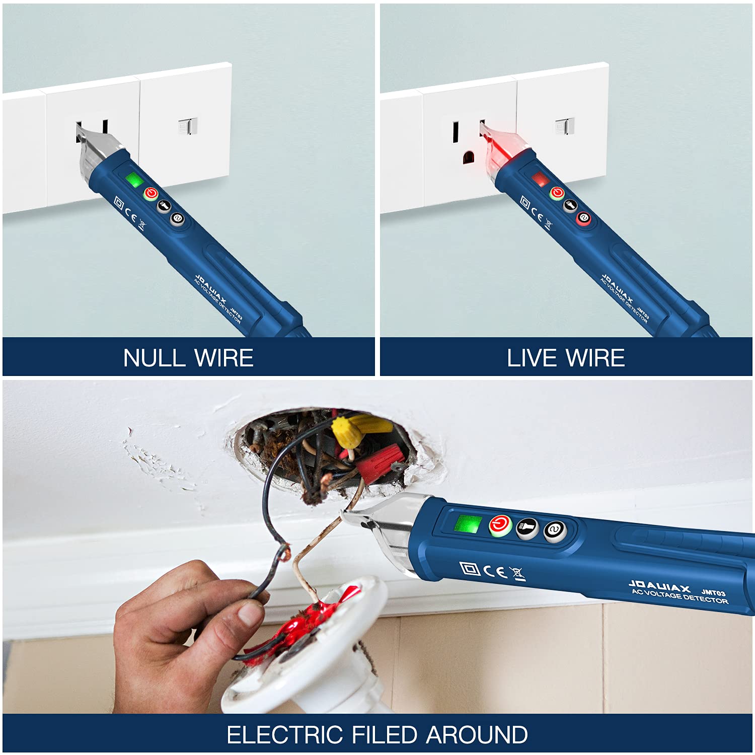 Détecteur de Tension sans Contact,Testeur de tension électrique,Testeur de fils nuls/verts,Outil de mesure de tension avec double gamme AC 12V/48V-1000V,Alarme sonore,Lampe de poche LED-JMT03