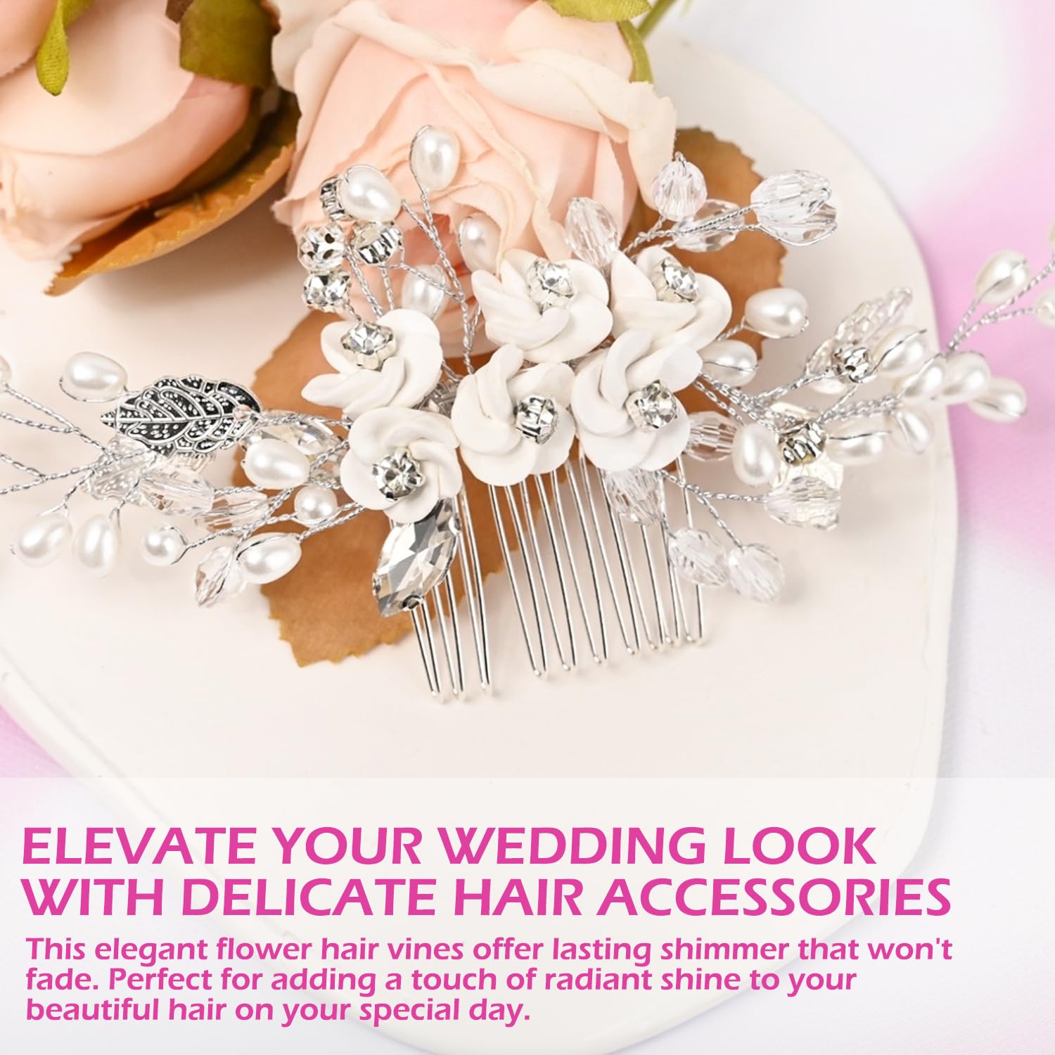 Wedding Hair Accessories for Bride Silver Flower Leaf Hair Comb, Crystal Beaded Side Comb for Women and Girls - Image 2