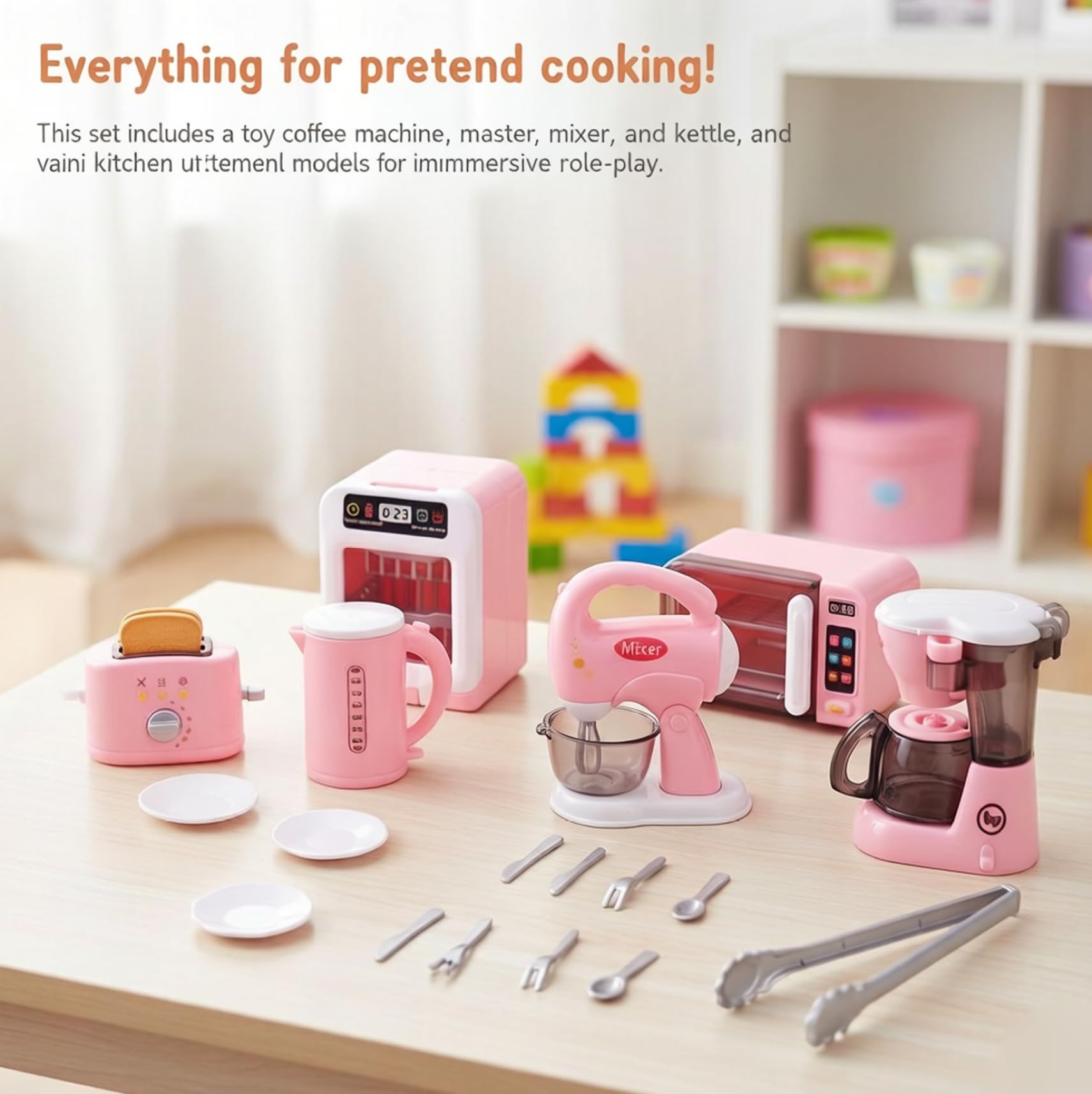 Set da cucina per bambini, giocattolo da gioco con forno a microonde funzionante, tostapane e macchina per il caffè, oltre 6 mini elettrodomestici per assemblaggio fai-da-te, giocattoli da cucina per