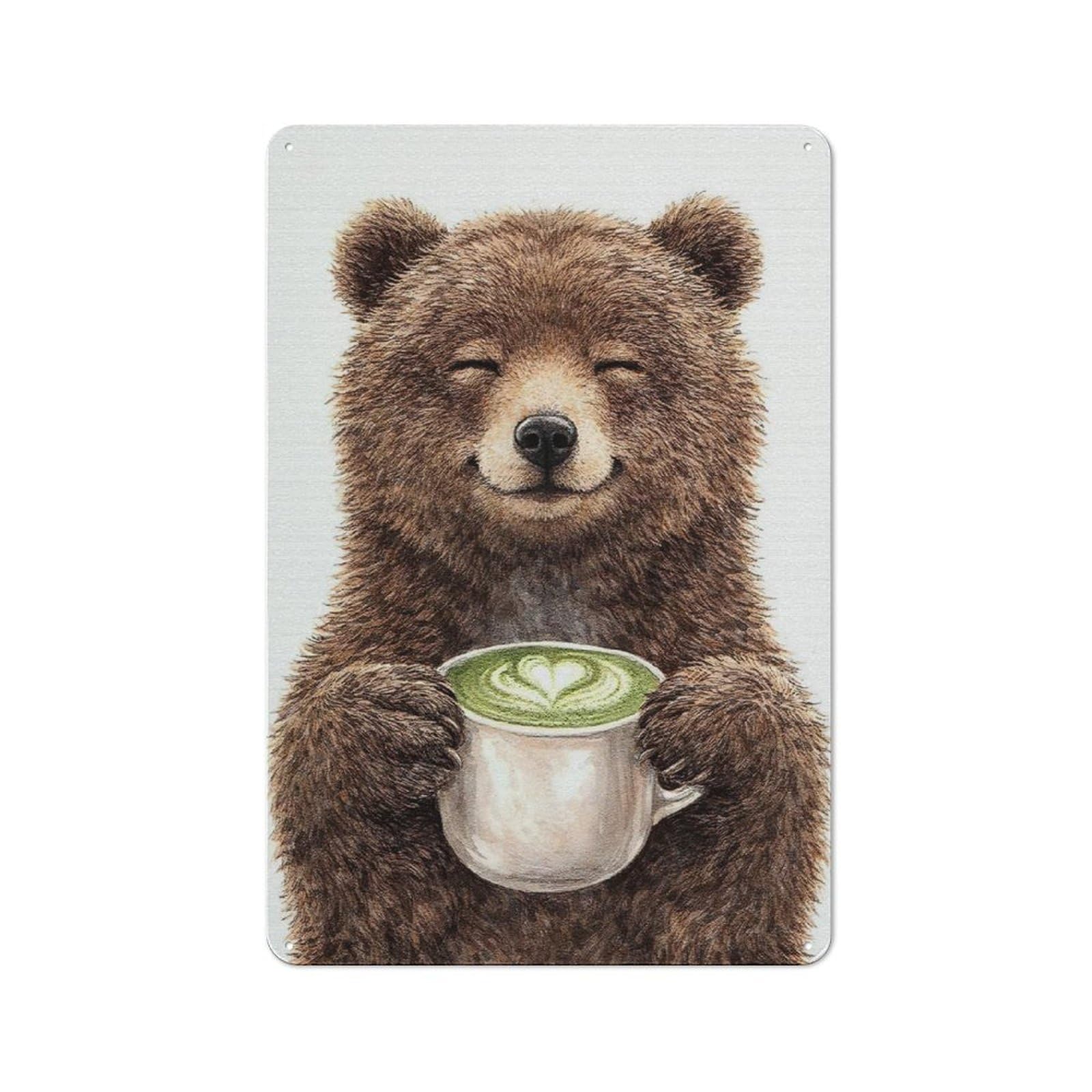 Junmoney Style-2 Happy Bear With Matcha Latte Rustic Metal Wall Decor 30X20cm, Garden Room Metal Sign For Patio Bar, Workshop, Shed Or Kitchen