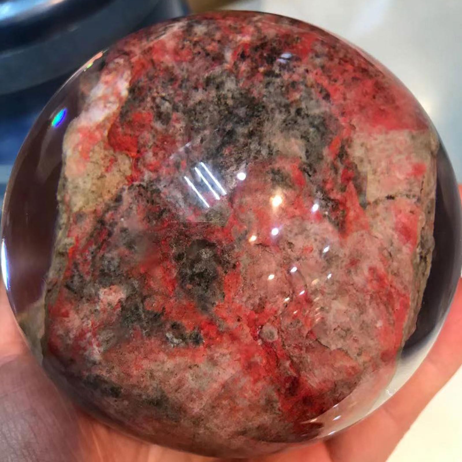 Gran Bola de Cristal de curación - Sphere de ornamería de Cuarzo Natural Cinnabar - Decoración de Piedra Pulida con Soporte de Madera para la adivinación y decoración del hogar,10cm/3.9"