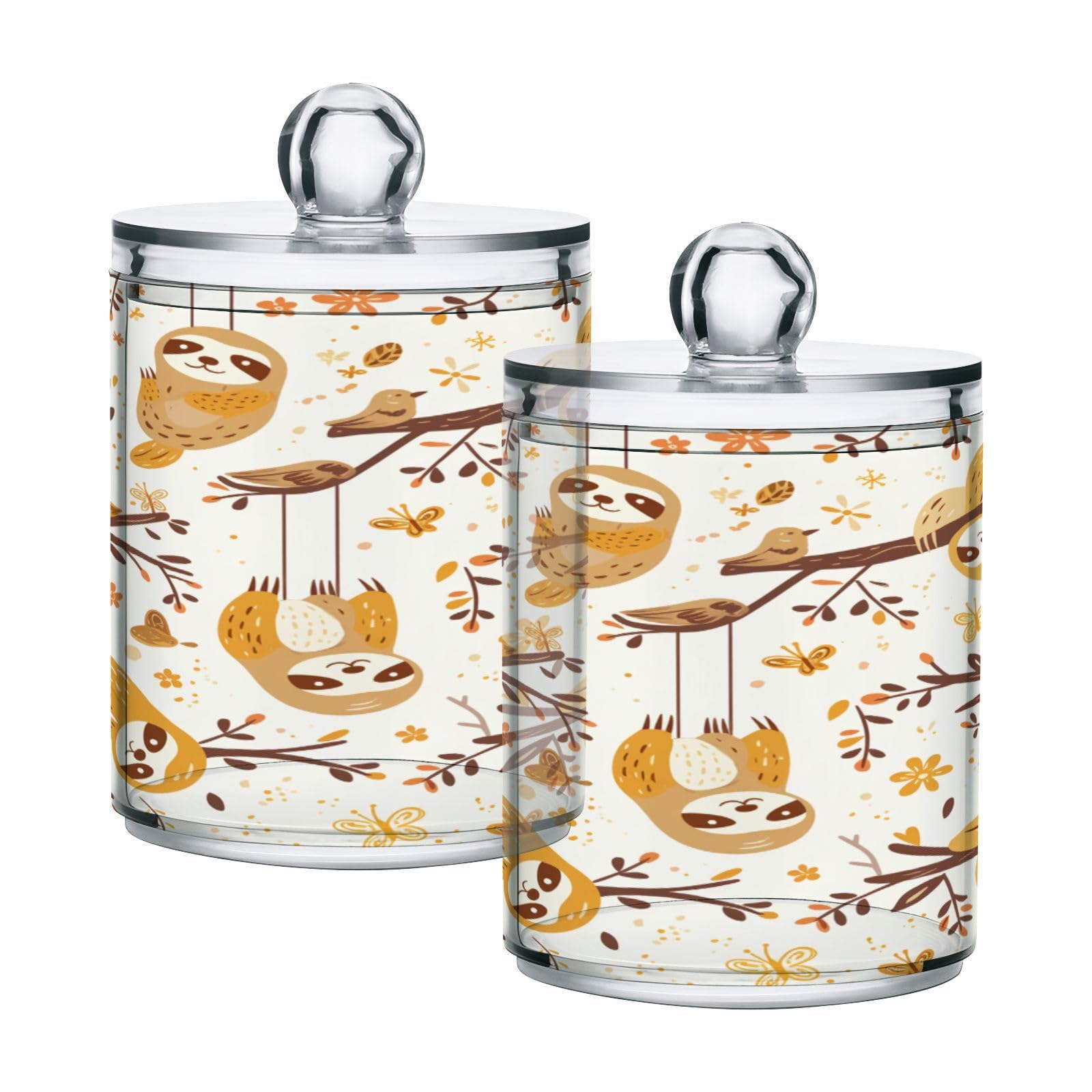 Kigai Cute Sloth Qtip Holder Dispenser 12 oz Plastic Apothecary Jars with Lid Bathroom Containers Makeup Organizer for Cotton Ball, Swab, Round Pads, Floss, 2 Pack