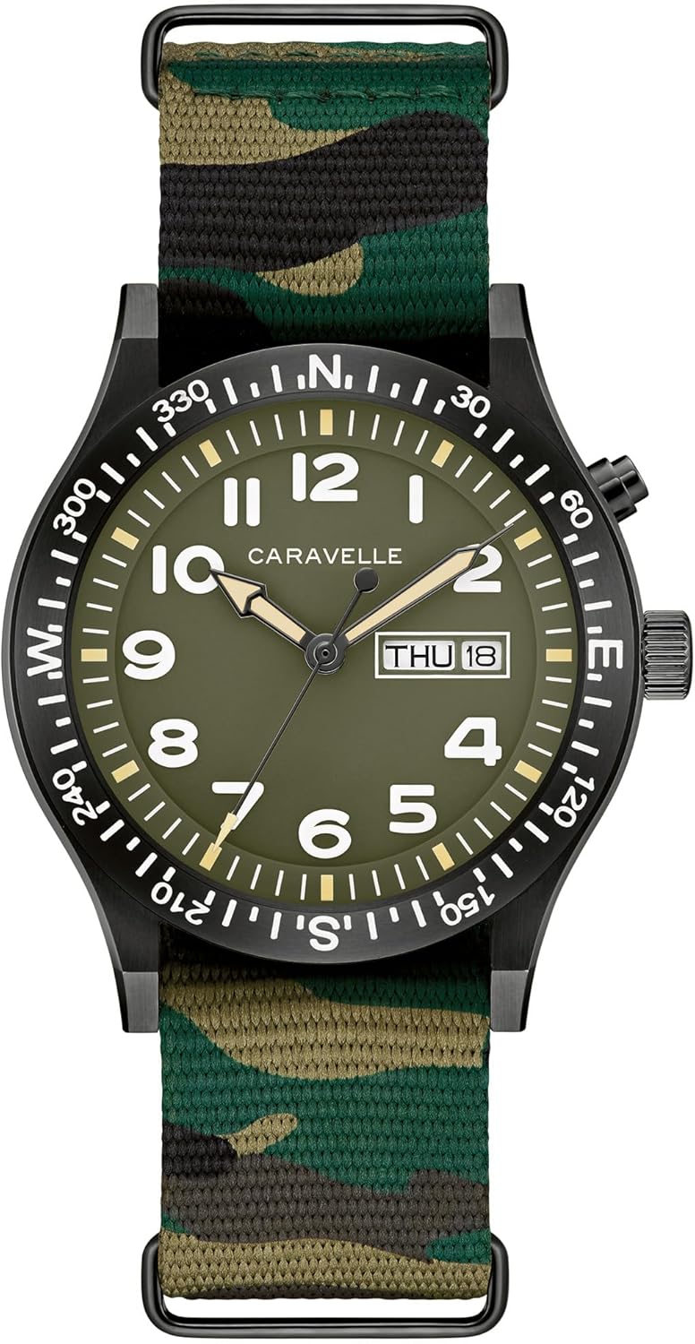Caravelle by Bulova Men's Quartz Watch, Vintage Light Up, Camouflage Nylon Strap, Green Dial, Day/Date Style: 45C121