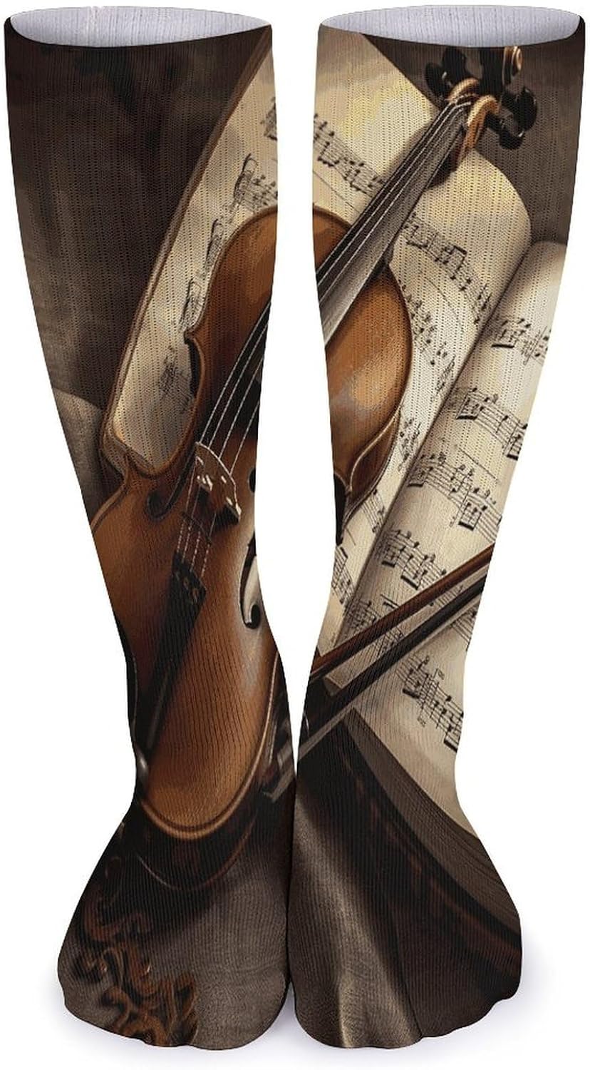 Violin And Book Knee High Socks Cozy Knee High Socks Soft Mid-Length Sock for All Seasons Daily Wear Adult