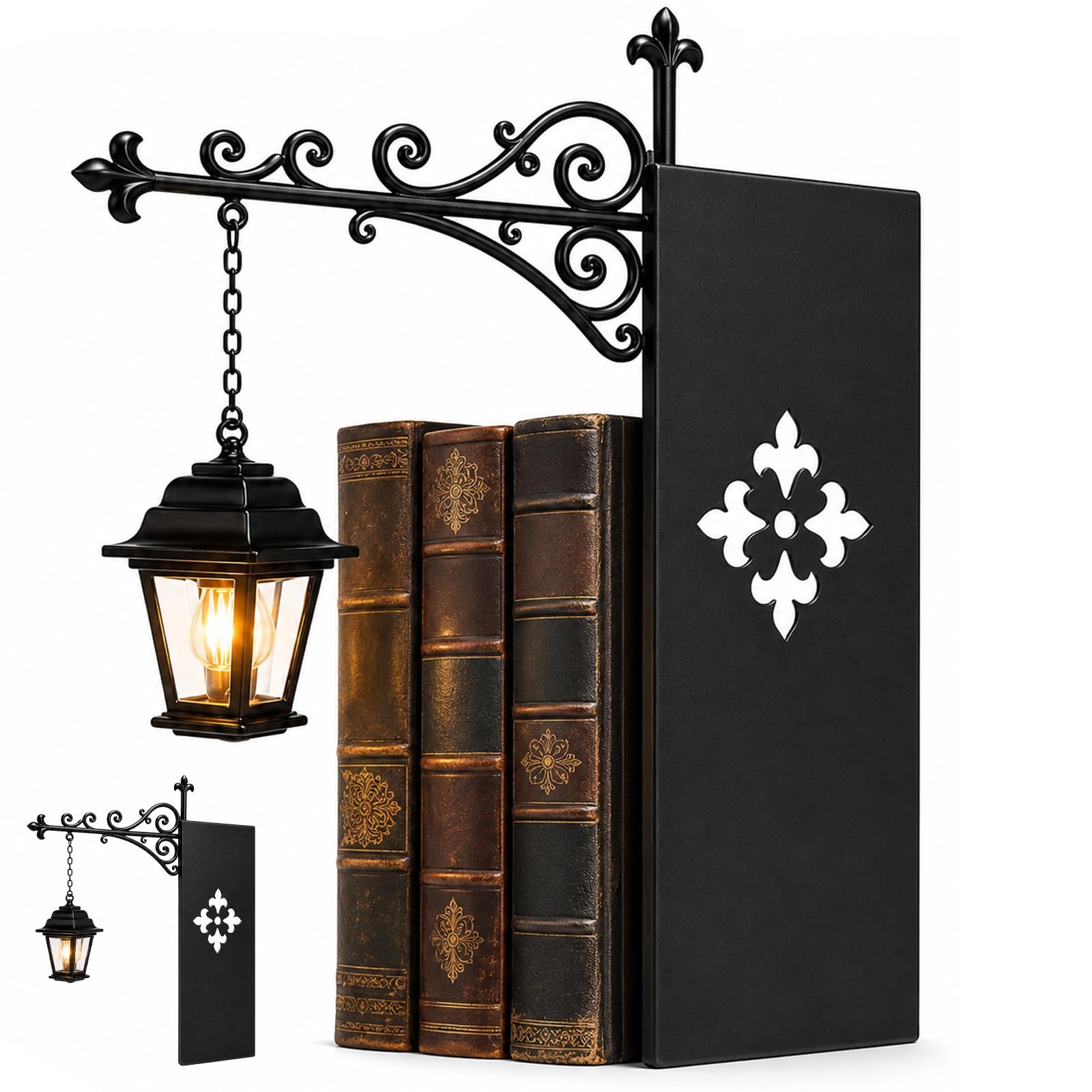 Library Lantern Bookshelf Lamp, Vintage Led with Bookend，Lantern Style：1