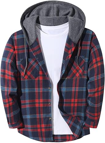 Xiaojmake Flannel Plaid Jackets for Men Long Sleeve Hooded Button Up Coat with Pocket Fall Trendy Casual Sport Daily Wear