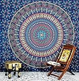  Tapiz Hipistry Hub con estampados de Mandala, camellos, elefantes y pavos reales, para colgar en la pared, como manta hippie, para la playa o como colcha, color marrón, algodón, azul, 220*240 cms