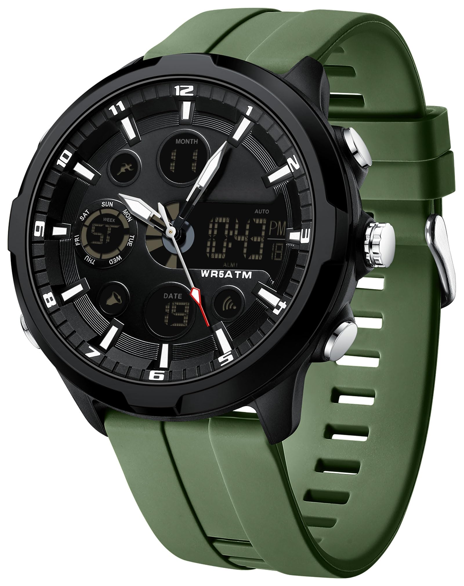 findtime Reloj de pulsera analógico digital para hombre, esfera grande, deportivo, militar, resistente al agua, iluminación LED, cronógrafo, cronómetro, despertador, calendario, relojes
