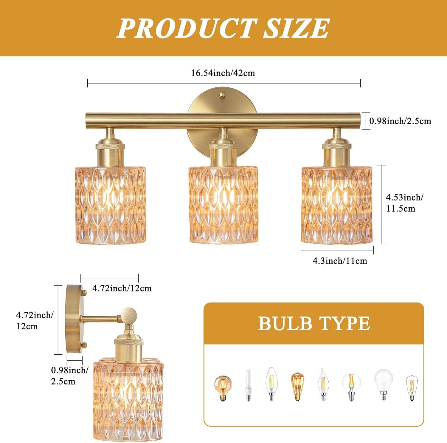 Bathroom Vanity Light, Gold Wall Fixture Over Mirror, Amber Glass Shade Lighting with Bulbs Included for Bedroom & Living Room,3-Lights