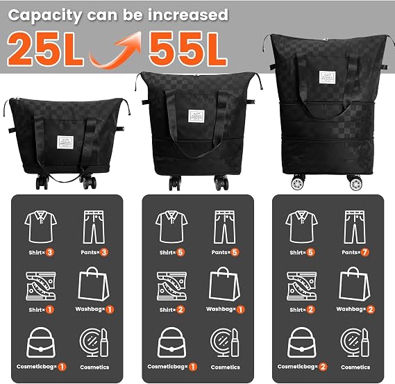MaxWorks Foldable Travel Duffel Bag with Removable Spinner Wheels - Expandable 25L to 55L Carry-On for Gym Camping Business Trips - Checkerboard Black (51004)