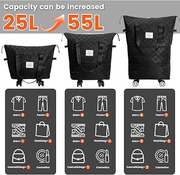 MaxWorks Foldable Travel Duffel Bag with Removable Spinner Wheels - Expandable 25L to 55L Carry-On for Gym Camping Business Trips - Checkerboard Black (51004)
