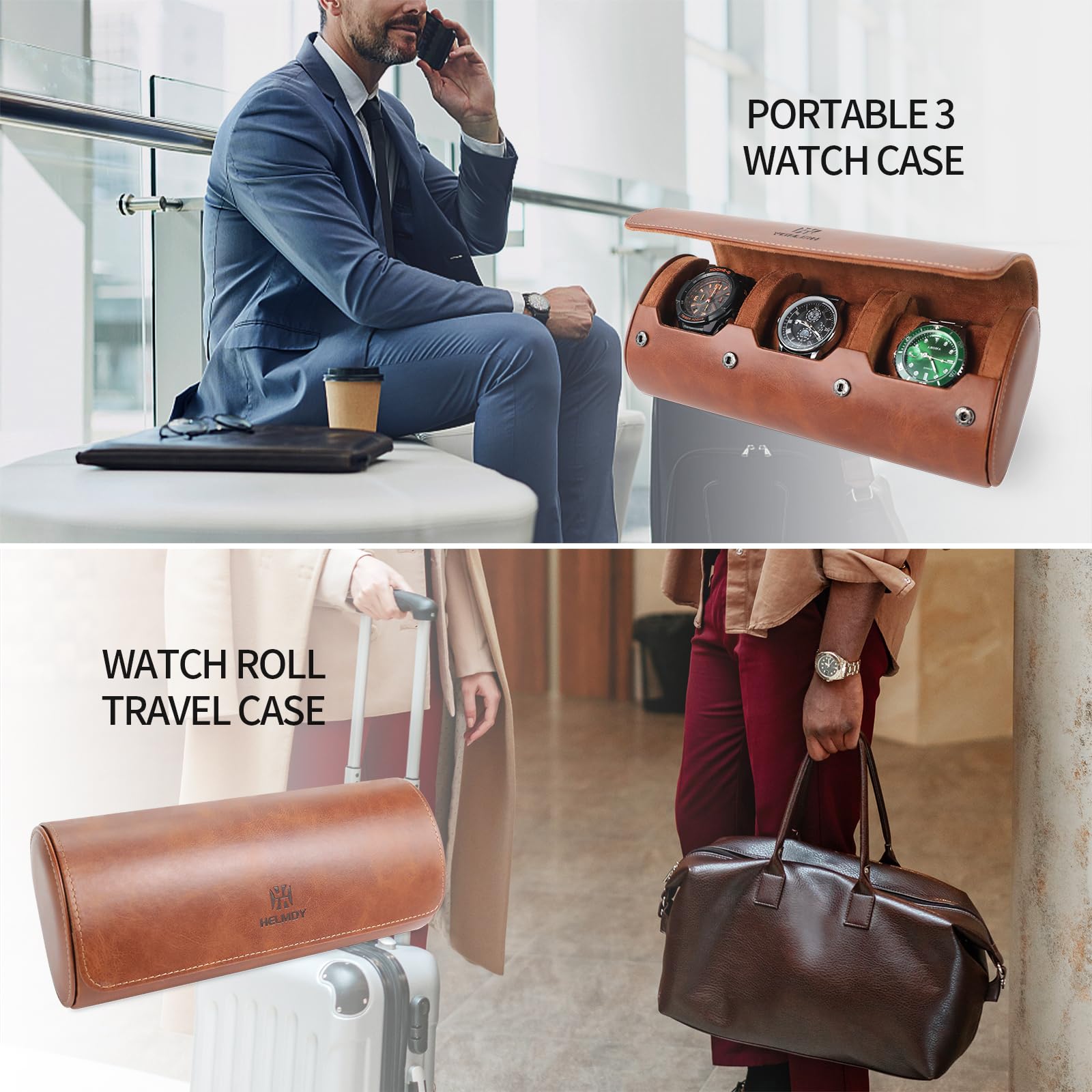 Étui de voyage pour montres homme et femme : rouleau de voyage pour 3 montres – Boîte de rangement et présentoir pour montres et montres intelligentes jusqu'à 50 mm (marron)