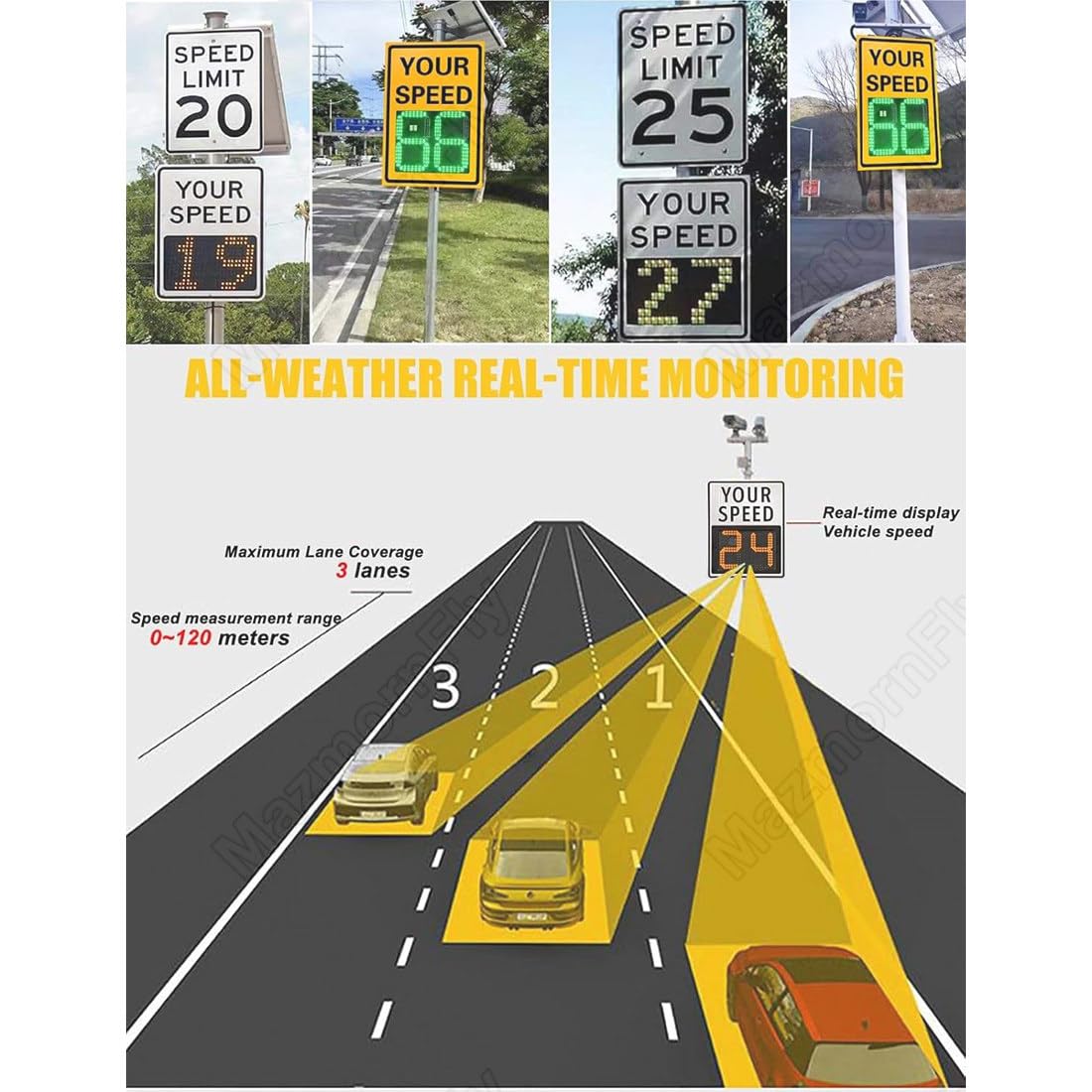 Señal de radar solar portátil con pantalla LED: monitor de velocidad para seguridad vial y control de límites de velocidad.