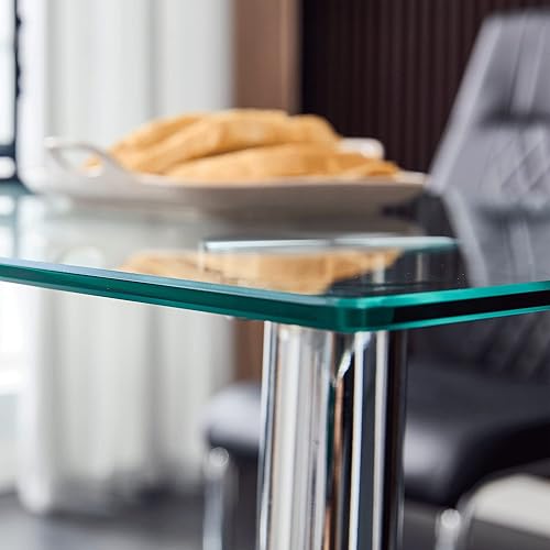 Miniatura 5 de POULEII Mesa de comedor de cristal moderna mesa rectangular minimalista con mesa de vidrio templado y patas de metal cromado plateado para 4-6 mesa
