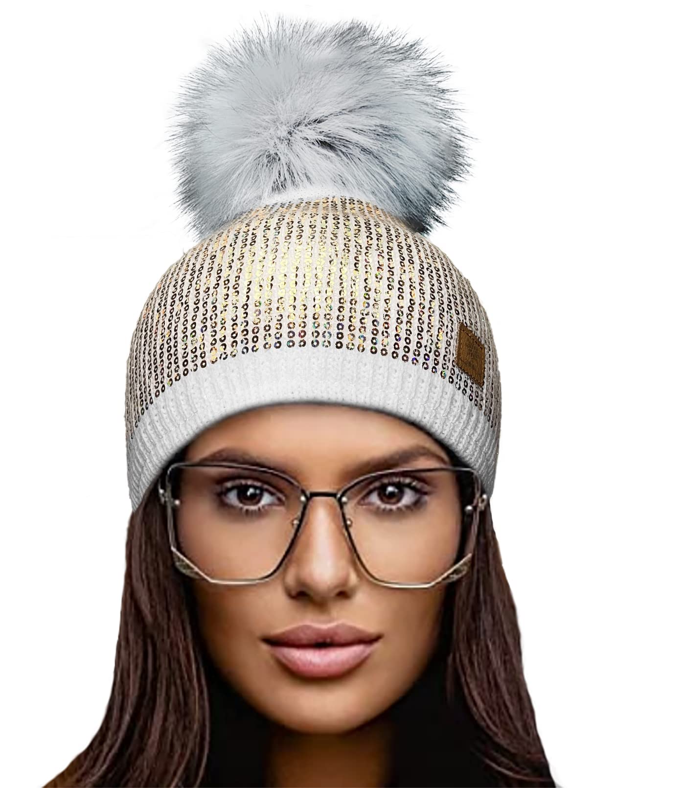 4Sold Women's White Winter Hat Knitted Beanie Large Pom Pom Cap Ski Snowboard Hats Bobble Small Crystals Sequins (White)