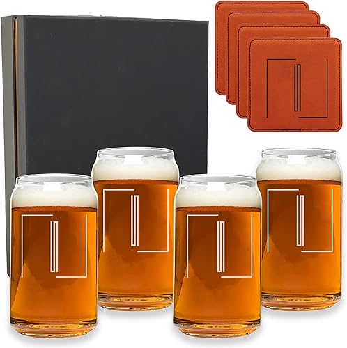 Juego de 4 vasos de pinta personalizados con posavasos a juego, monograma personalizado con inicial R, cristalería de calidad para los amantes de la