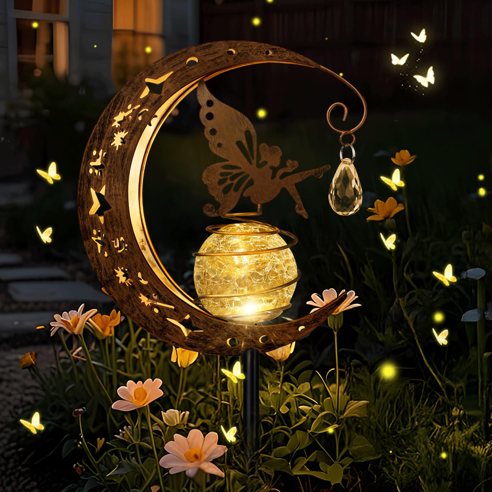 Solarlampen für Außen Gartendeko für Draußen Wetterfest, Mond Solarleuchten Garten Deko, Metall Mond Gartenleuchte LED Glaskugel, Elfe Solarleuchte für Terrasse, Balkon, Weg, Rasen, Hof, Geschenk