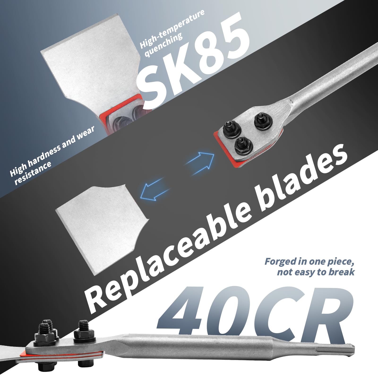 Burin à Spatule SDS Plus 300 x 75mm Burin Carrelage Plat pour Enlever L'adhésif pour Carrelage et sol Moquette Linoléum Contreplaqué Surface Murale et Plus