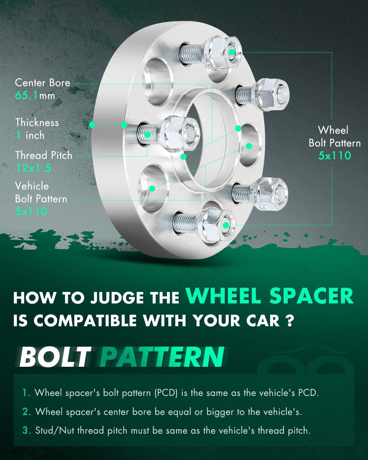 SCITOO 2Pcs Wheel Spacers 1 inch 5x110 Bore 65.1mm Studs 12x1.5 5 Lug Wheel Spacers Adapters Fit for for Chevrolet for Malibu for Chevrolet HHR for Chevrolet Cobalt for Cadillac