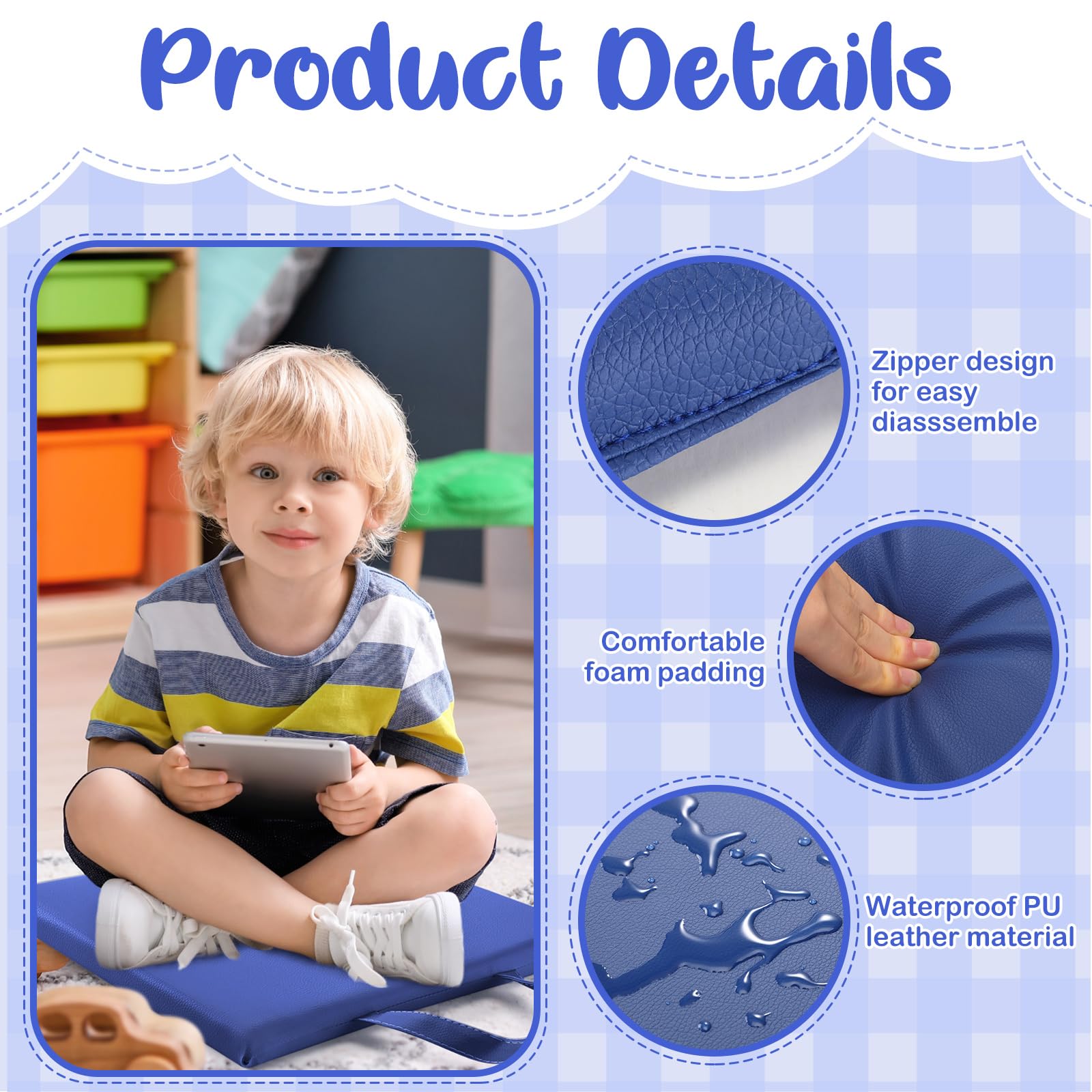 Cojines Cuadrados para el Suelo para el Aula Infantil, 30 x 30 cm, Asientos Flexibles para el Suelo, con Asas, Cojines de moqueta para el Aula para Adultos y niños pequeños, guardería(Navy)