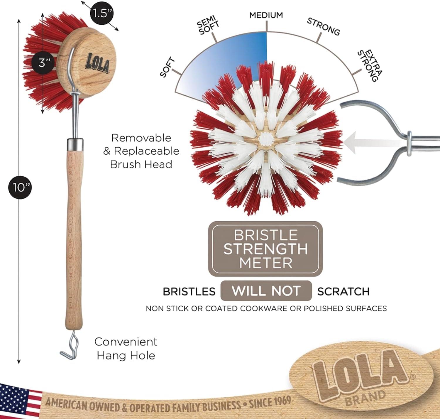 LOLA -The Original - Dishwashing & Vegetable Brush, Hardwood w/Poly Fiber Bristles, Reusable, Sustainable, Has EZ-Grip Handle - 1 Count