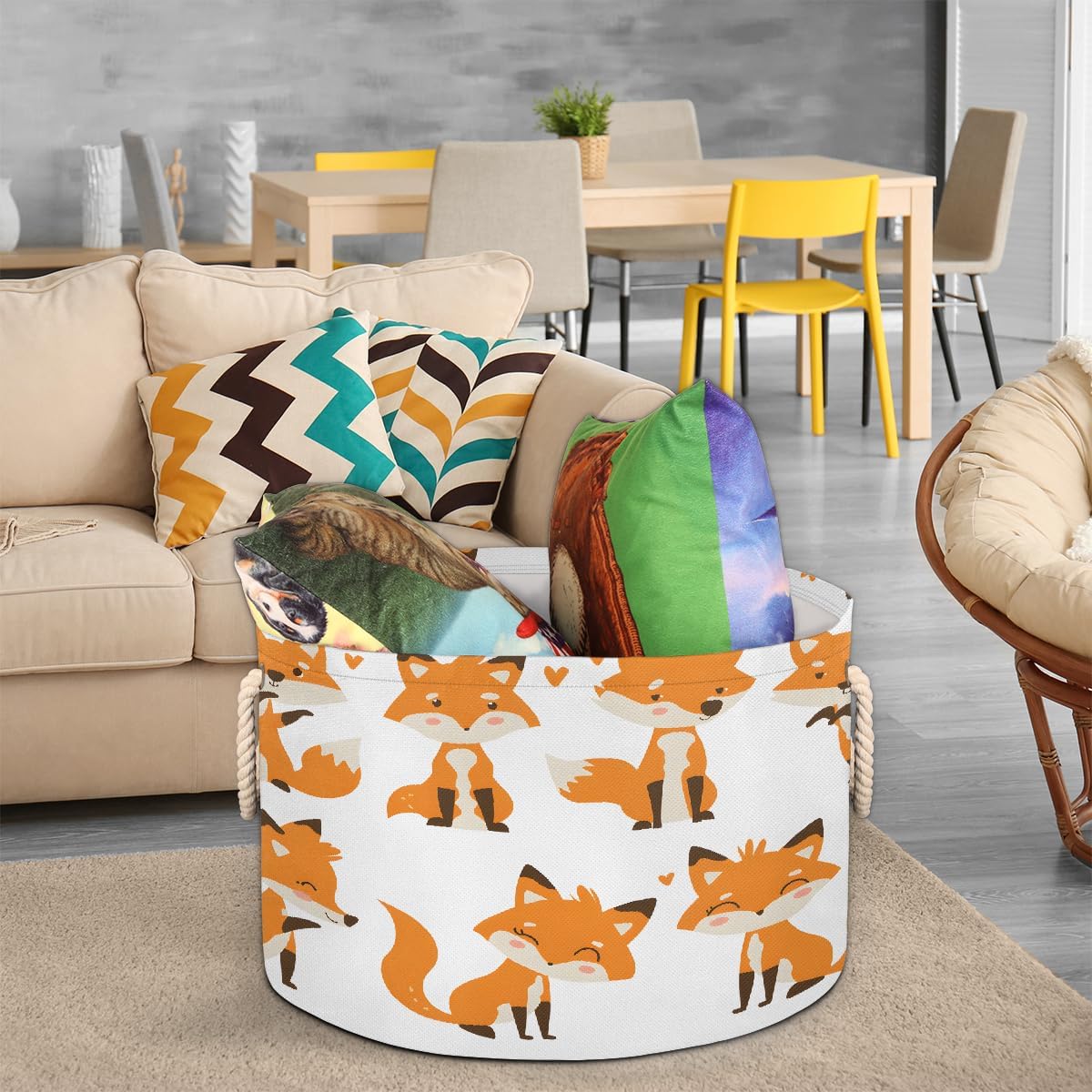 Large Round Laundry Basket Animal Cute Fox Toy Bins Organizers and Storage for Girls Canvas Collapsible Blanket Storage Basket Laundry Hamper Gift Baskets Bedroom Clothes Children Nursery