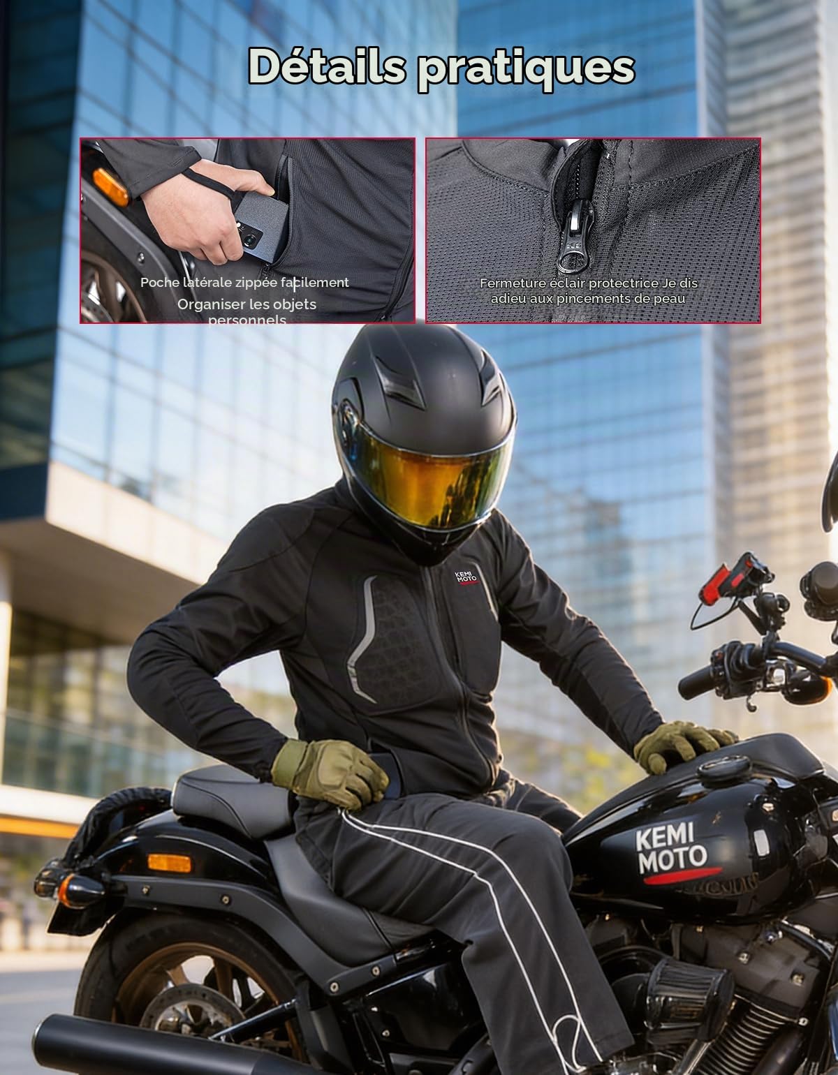 KEMIMOTO Blouson Moto Homme, Veste de Moto Respirante et Légère avec 7 Protections CE Amovibles, Veste Réfléchissant pour l'Été et la Conduite Motos