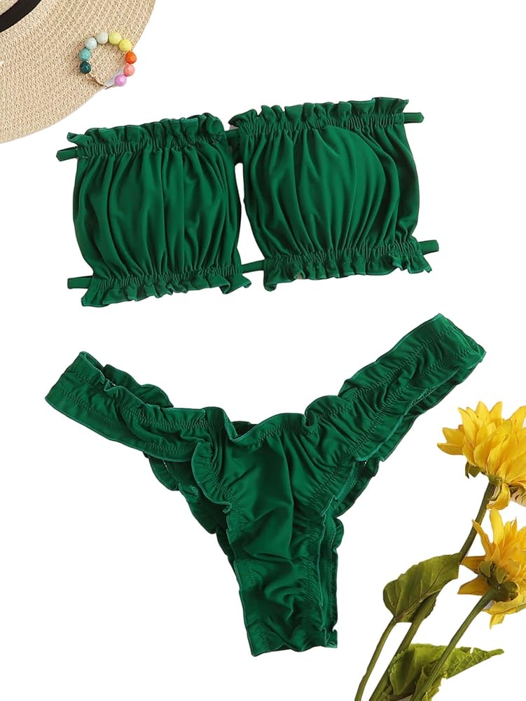ruched frill bandeau tie side bikini swimsuit