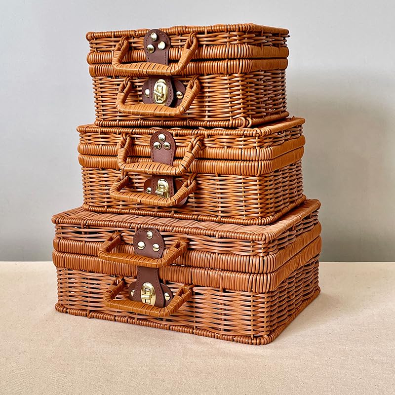 BEIJIALY Weiden-Picknickkorb, Retro-Weidenkorb, Rattan-Koffer, Aufbewahrungskorb, Gewebter Korbgeflecht, Vintage-Koffer, Gewebter Aufbewahrungskorb, Requisitenbox, Geschenkkorb für Camping,(M)