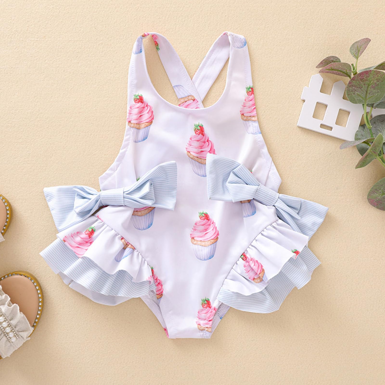 Costume da bagno intero per bambine con volant, motivo floreale, senza maniche, con spalline, schiena scoperta, costume da bagno estivo con fiocco