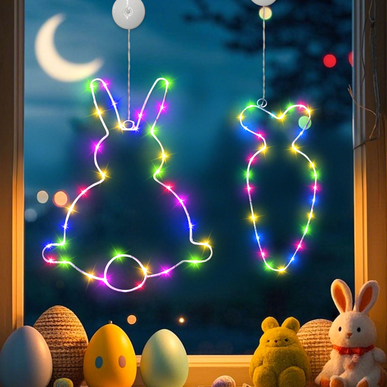 Osterdeko LED Fenster Licht – Osterhase Lichterkette Mit Timer, Batteriebetrieben, Saugnapf, Wetterfest, Für Fenster & Türen – Hasen