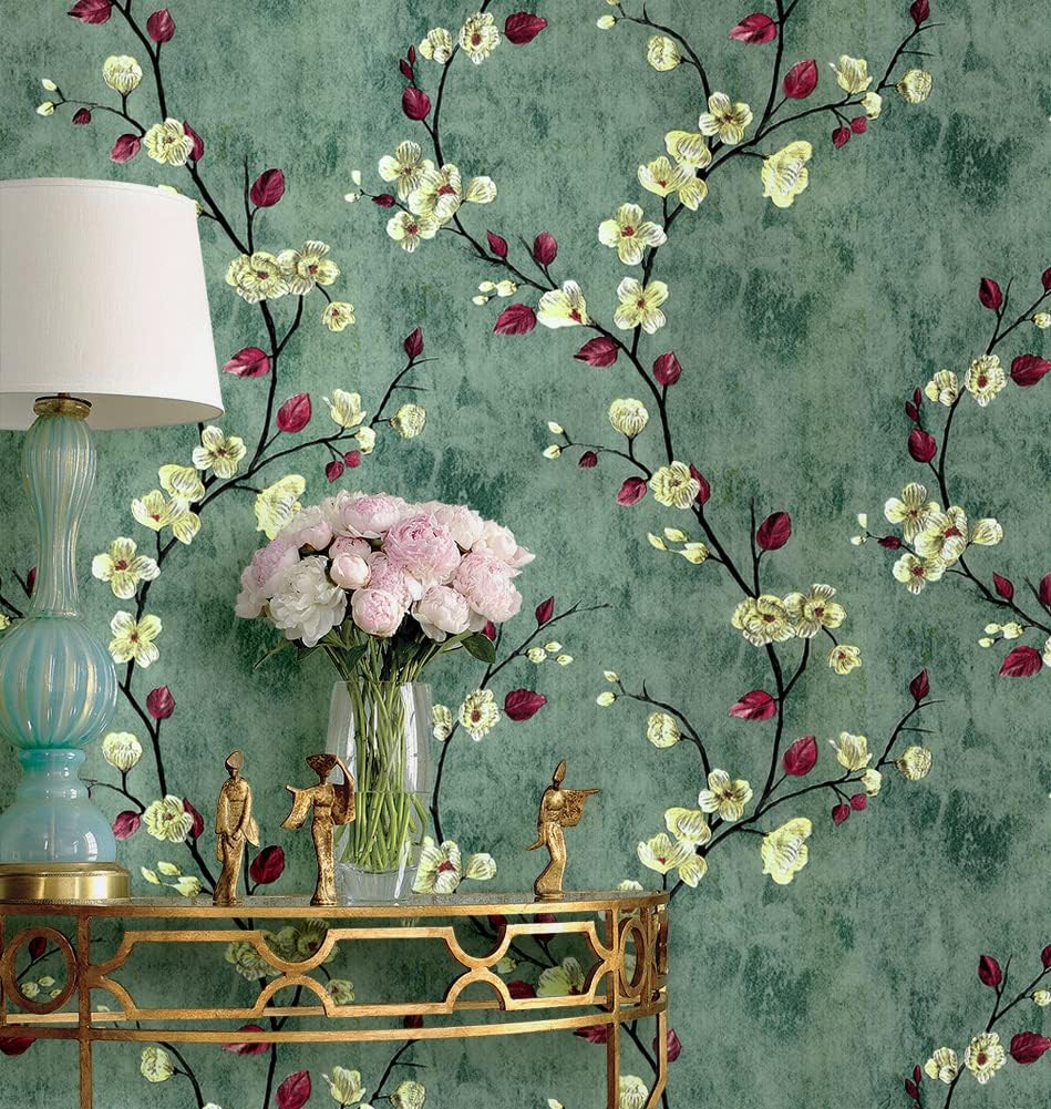 8619-10M Floral Peel and Stick Wallpaper 17.7" x 32.8ft Green Plum Flower Vinyl Self Adhesive Wallpaper for Furniture Drawer Shelf Liner Wall Decor