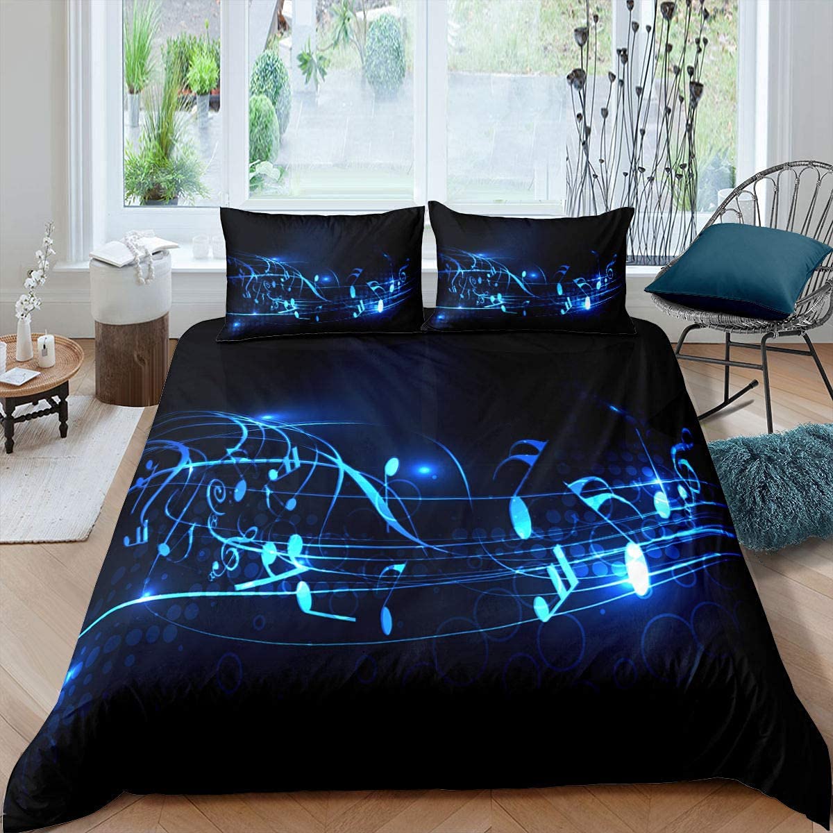 Homewish Musik Note Bettbezug Bettbezug 135x200 Traumthema Blau Trösterbezug Set für Teen Jungen Kinder Mädchen Geometrische Streifenmuster Bettwäsche Set, 1 Bettbezug mit 1 Kissenbezug