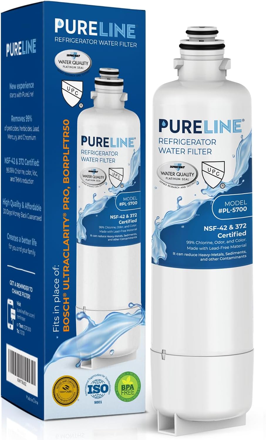 Pureline Replacement for Bosch® Ultra Clarity® Pro Water Filter, BORPLFTR50, 11025825, BORPLFTR55, 12028325, 11032531, 12033030, B36CT80SNS, B36CL80ENS, WFC100MF, WFS200MF Refrigerator Water Filter