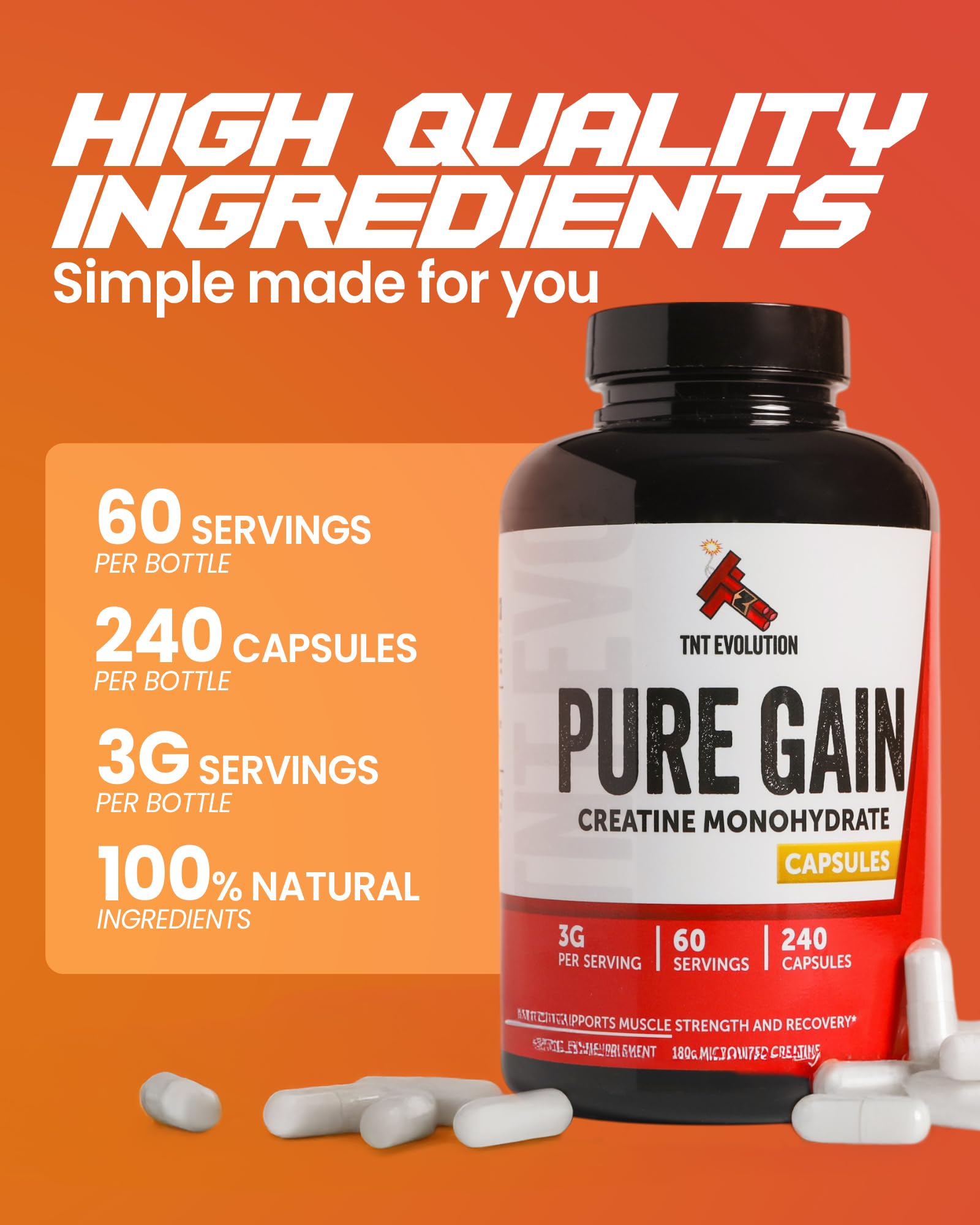 Creatine Monohydrate Capsules – 750mg Capsule for Men & Women – 60 Serving – Pure Micronized Creatine for Strength, Fitness & Sport – 240 Count, Gluten Free Nutritional Supplement — Amazon image 3