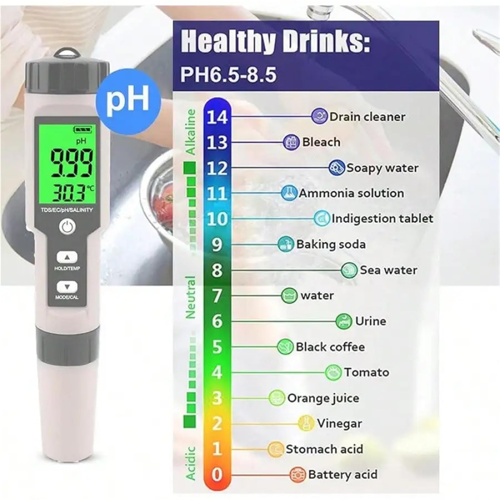 Testeur de sel numérique for Aquarium, salinomètre 5 en 1 avec pH, TDS, EC et température, Outil Test précis for Piscine Eau salée Précision portative