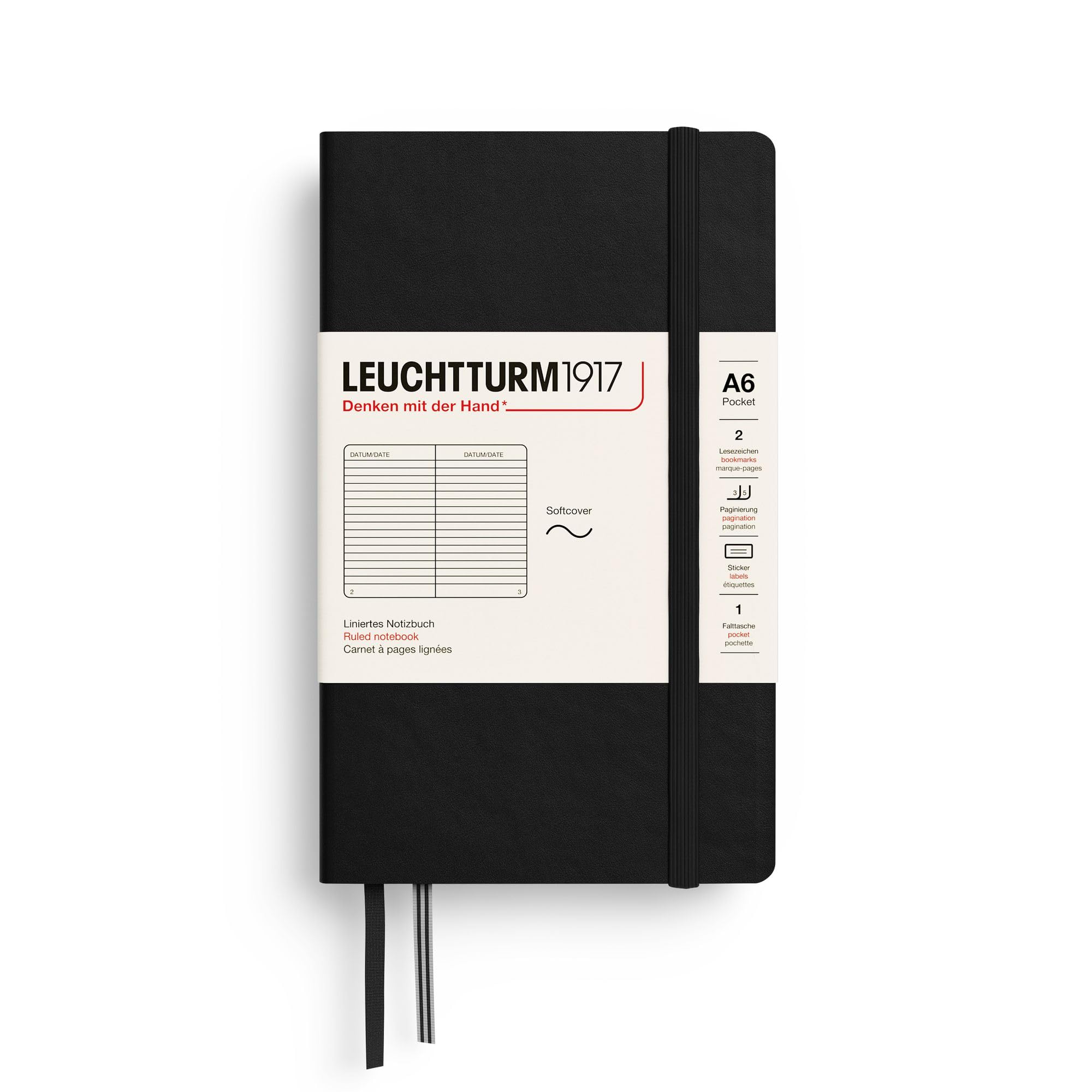 LEUCHTTURM1917 - Notebook Softcover Pocket A6-123 Numbered Pages for Writing and Journaling (Ruled, Black)