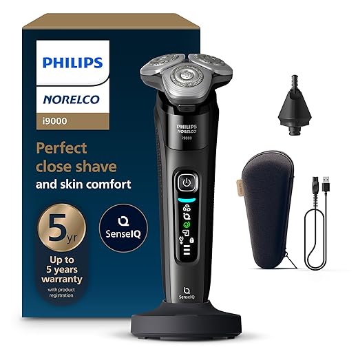 Philips Norelco Shaver i9000, Wet & Dry Electric Shaver, Ink Black, SenseIQ Technology, Triple Lift & Cut System, 360 Rotating Dual SteelPrecision Precision Blades, Nose Trimmer, Model X9000/90