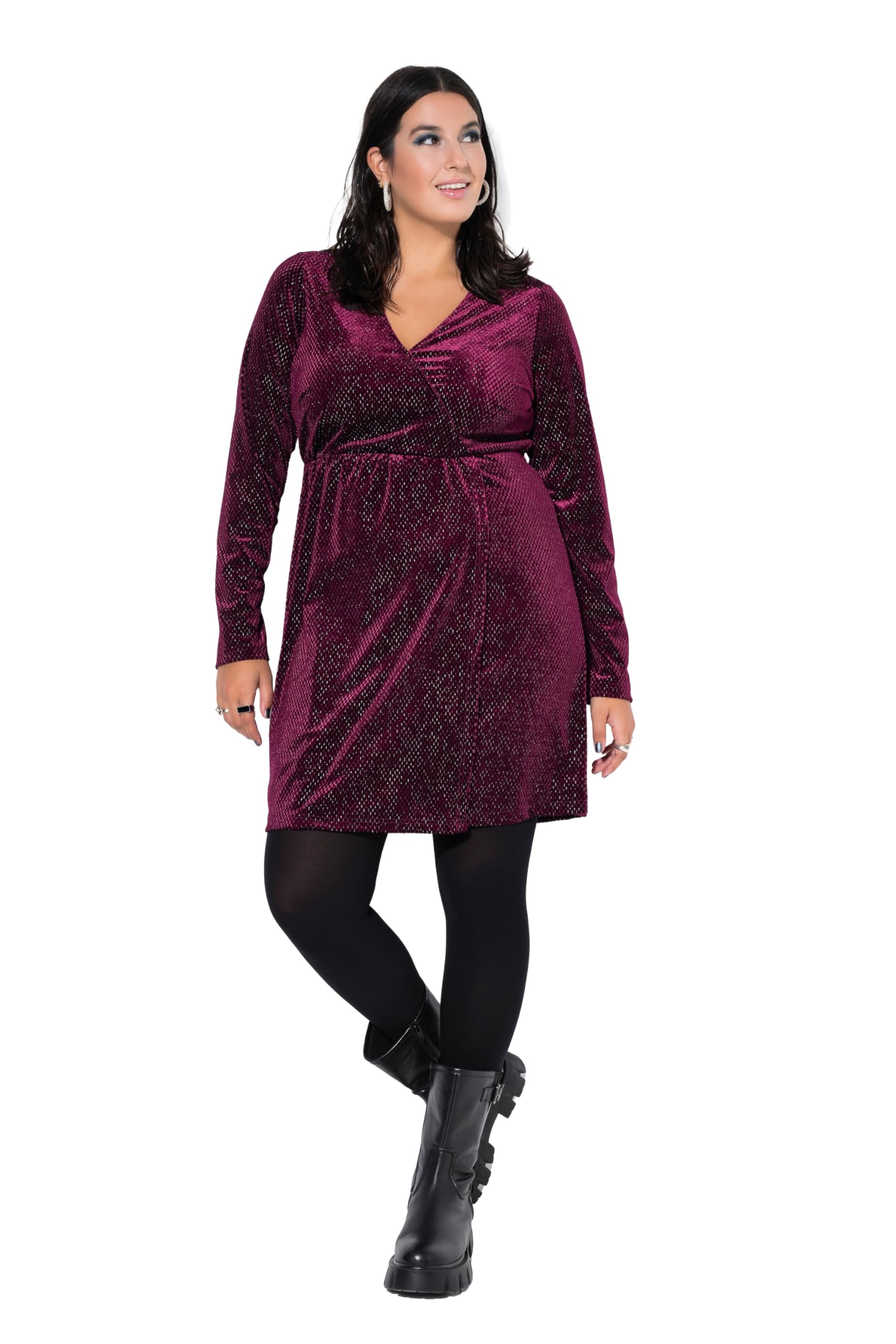 Studio Untold Damen große Größen Übergrößen Plus Size Samtkleid, A-Line, Glitzereffekt, Wickeloptik, Langarm 846467