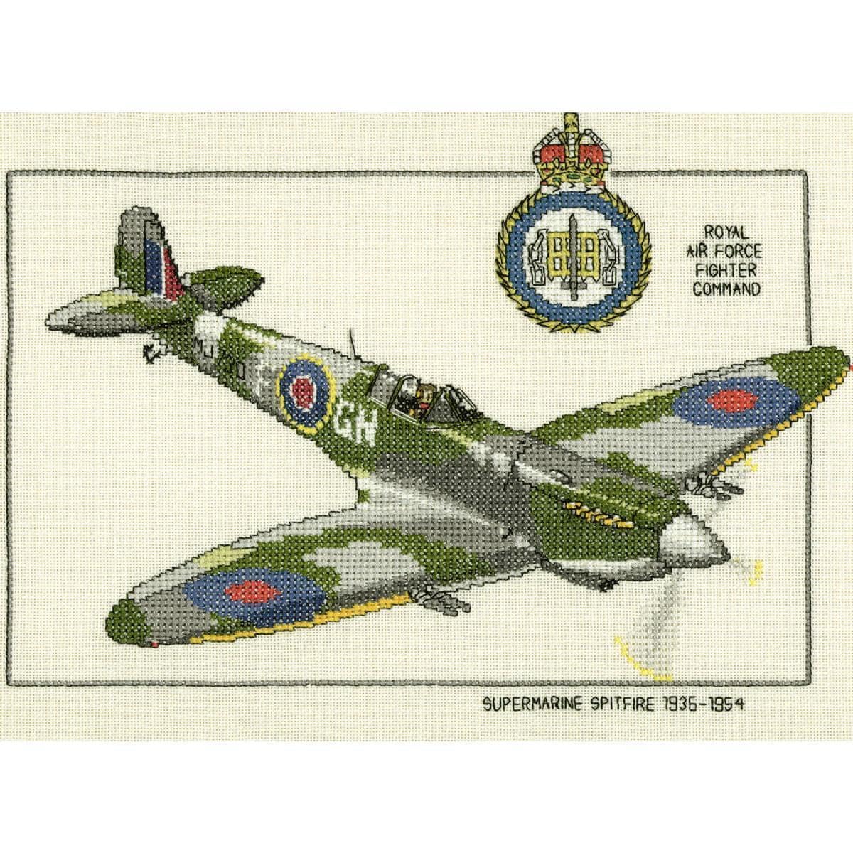 Heritage Crafts Green Classic Transport Planes Supermarine Spitfire Counted Cross Stitch Kit 14 Count Aida
