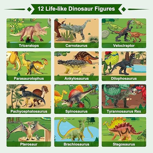 Miniatura 2 de FRUSE Jurassic - Figuras de dinosaurios de juguete, 12 figuras realistas de dinosaurios grandes con alfombrilla de juego gigante y libro de