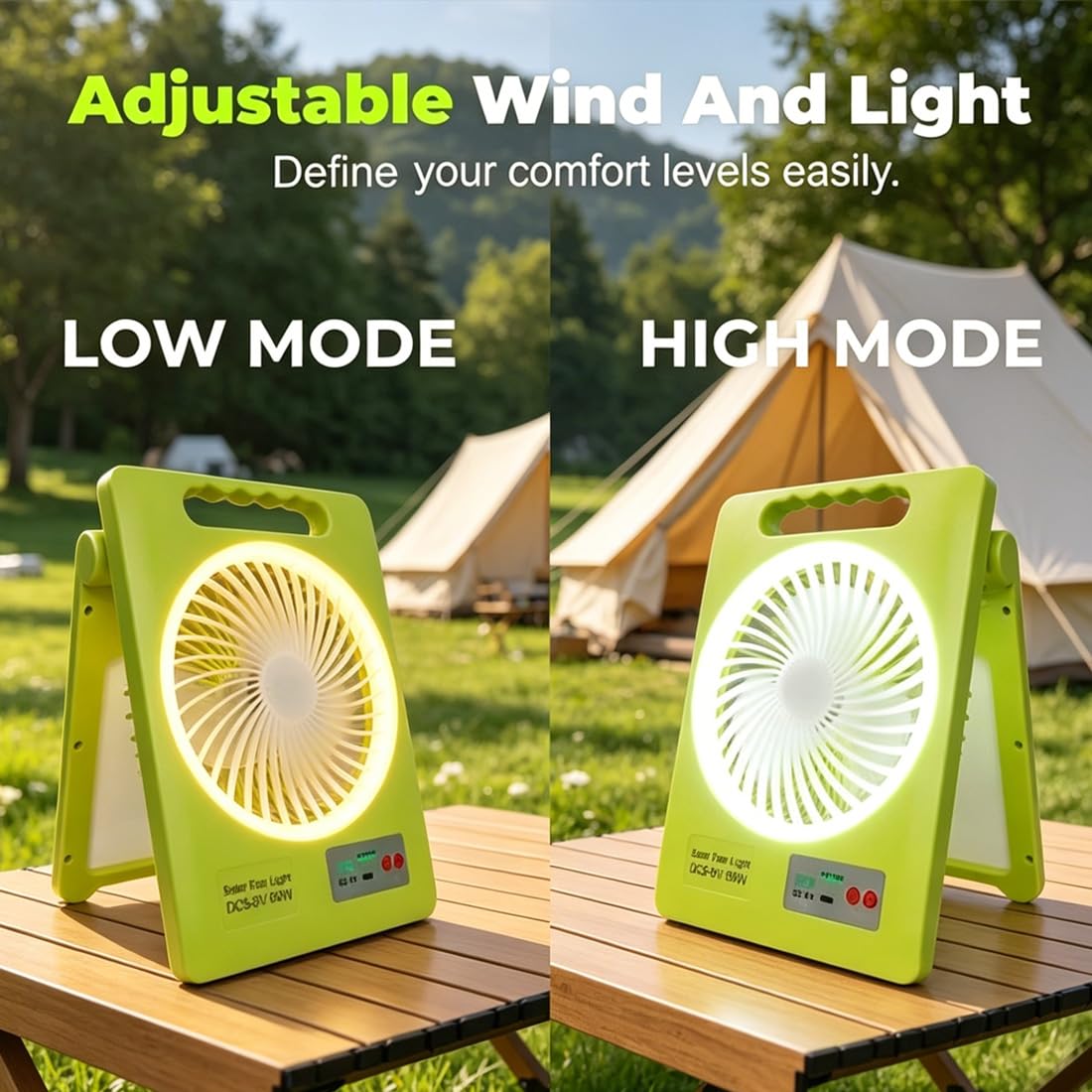 2-in-1 Solar-Campingventilator mit LED-Licht, 2400-mAh-Akku, Faltbare Zeltlampe mit USB-C- und Solarladung, Powerbank für Stromausfall und Outdoor (2PCS-FAN)