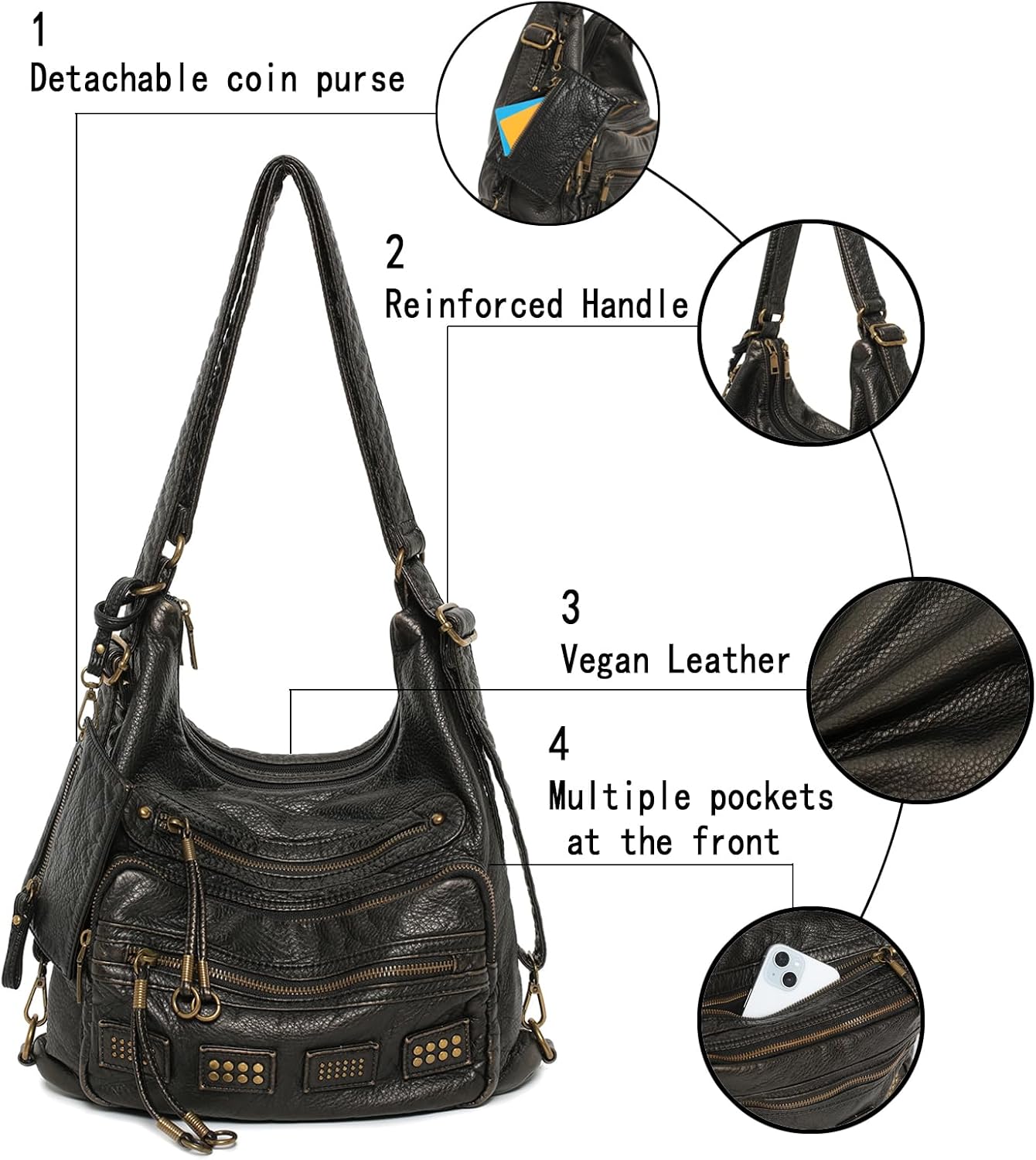 Y2K Vintage Hobo Bag for Women, Vegan Leather Shoulder Purse, Vintage Black