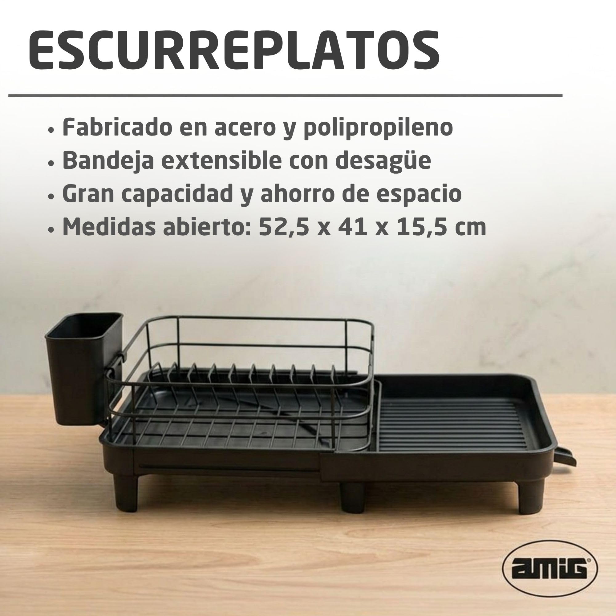 Amig Escurreplatos Extensible con Desagüe Negro Vika | Patas antideslizantes. Bandeja de goteo. Extensible de 31 a 52 cm. Acero y polipropileno.